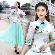 Mùa hè gió quốc gia sườn xám áo khoác hai mảnh thiết phù hợp Tang kiểu Trung Quốc Han tấm áo nịt mặc trà phụ nữ Zen