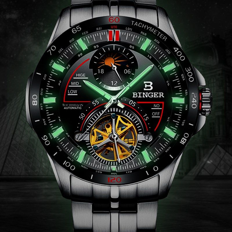 Binger Fully Automatic Mechanical Watch Hollowed-out Business Waterproof luminous non-tritium gas Large table disc watches Male Special Soldiers Watches