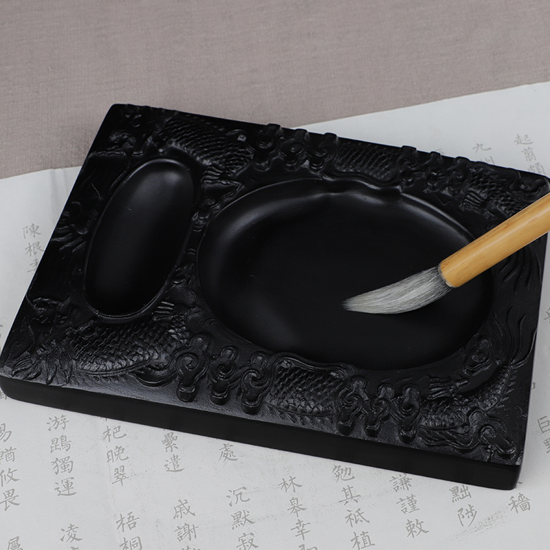 Nopoetry Double Dragon Drama Pearl Clay Stone Ink Stone Ink Stone Ink Stone Ink Stone Ink Box Students Beginners Scholar Brush Calligraphy Adult Supplies Grinding Ink Pan Send Ink Strips