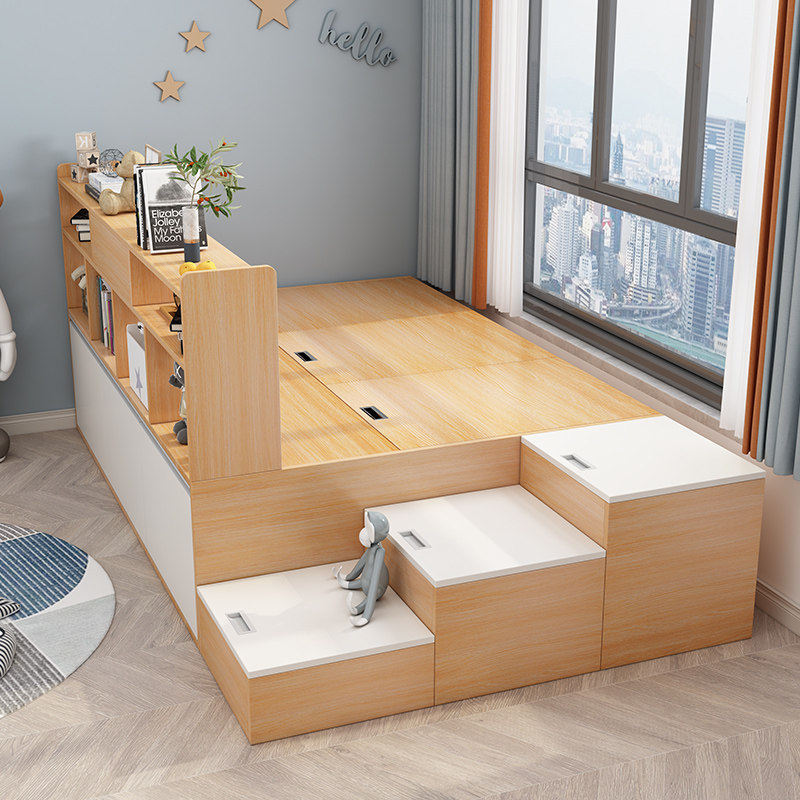 Small apartment Japanese-style children's tatami bed single high box storage bed bookshelf cabinet combination custom child mother bed 1 2