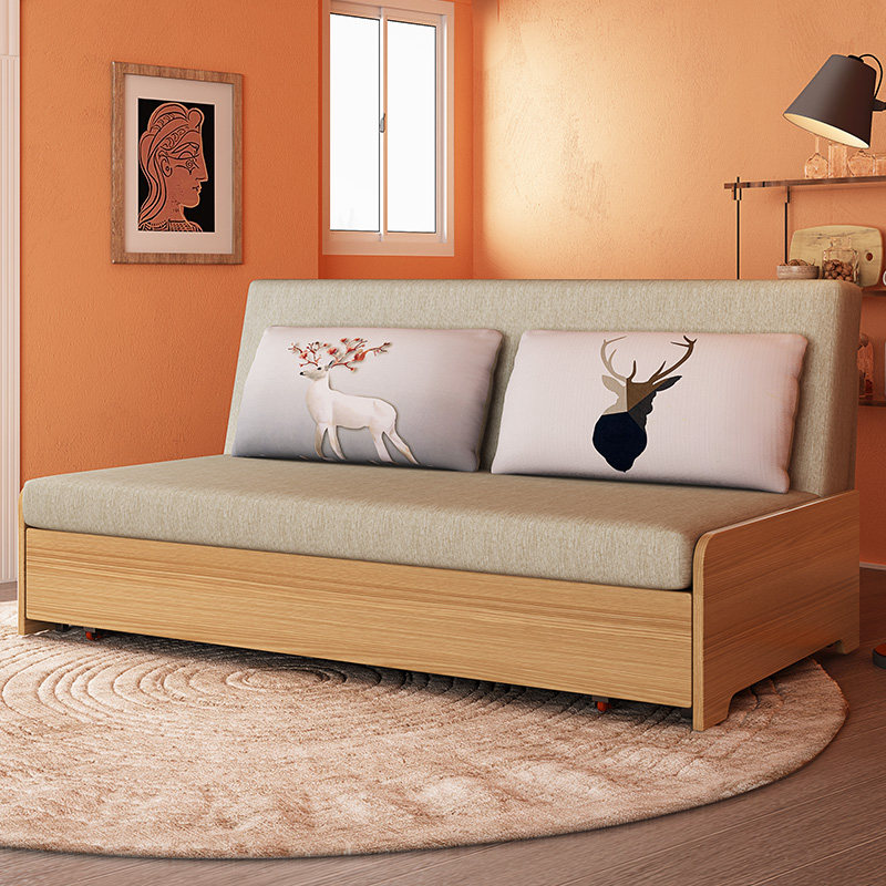 Solid wood sofa bed dual-use storage three-person small apartment simple push-pull double single foldable multifunctional bed