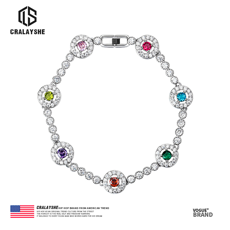 Official Genuine Full Diamond Colorful Diamond Round Diamond Tennis Bracelet for Men and Women, Hip-Hop Fashion, American High-End Style, Trendy European and American Style Official Genuine Full Diamond Colorful Diamond Round Diamond Tennis Bracelet for Men and Women, Hip-Hop Fashion, American High-End Style, Trendy European and American Style