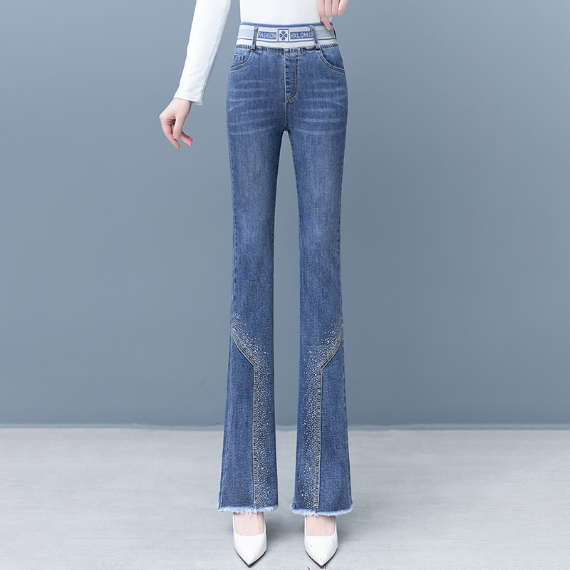 Spring Style Elastic Waist Jeans for Women, Stretchy Slim Fit Flared Pants with Rhinestones, Unique Long Pants with Frayed Edges, Slimming Bell-Bottom Pants
