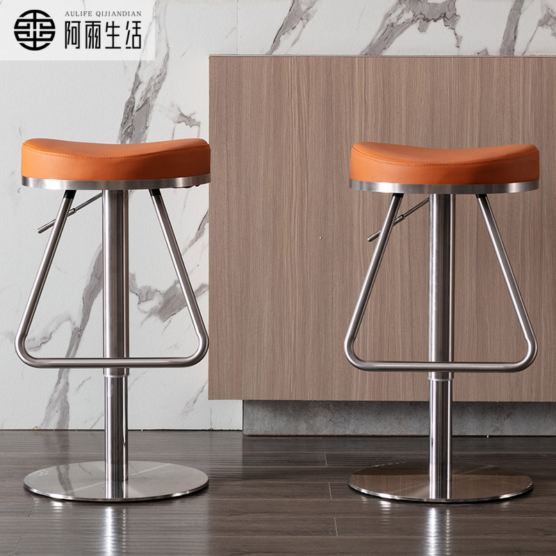 Modern minimalist bar Bench Home Stainless Steel Lift Leather Bar Stool Collection Silver Counter Bar Chair Light Lavish Swivel High Footstool