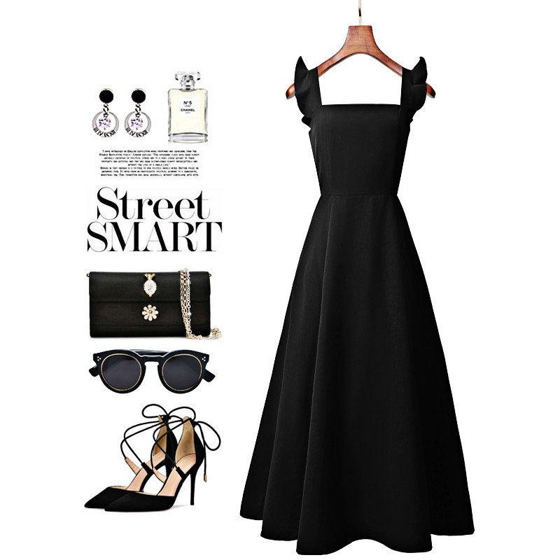 1 4-inch sleeves wrench sleeves dress women Summer students French style retro long dresses Fairy Skirt Herbene Wind Harnesses Small Black Dress