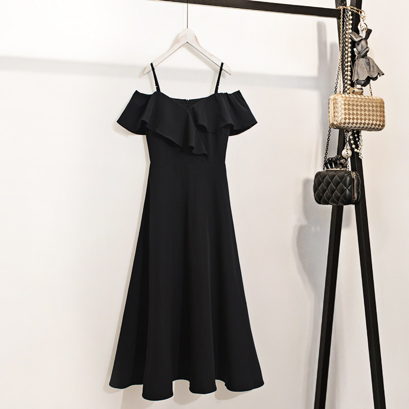 Small black dress for women Summer Snow spinning Herbene Wind collection Waist Display Slim Temperament A shoulder Shoulder Lukewarm Wind Goddess Van