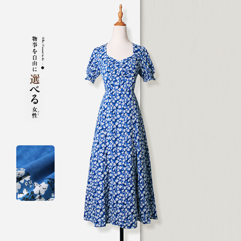 Floral dress women's collar chiffon small fresh French retro blue summer thin and careful machine fairy dress