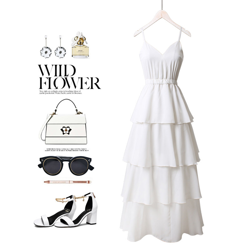 White Dress Skirt Woman Summer Method Snow Spinning Harness Cake Skirt Beach Skirt Seaside Resort Fairy Gentle Wind Long Skirt