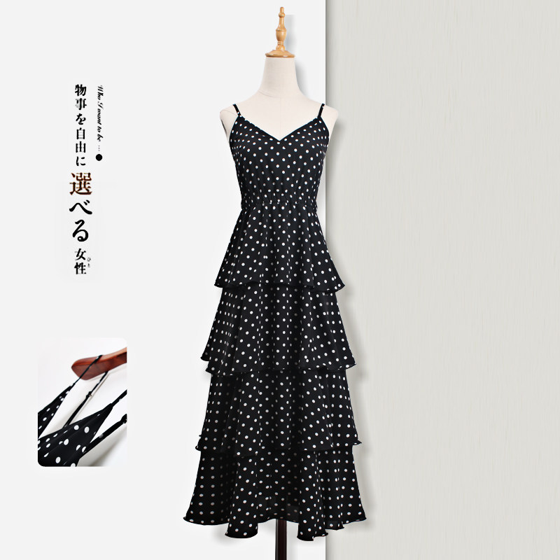 Polka dot dress female summer first love high cold royal sister style suspenders cake skirt mature temperament beach skirt Hyun Ya style