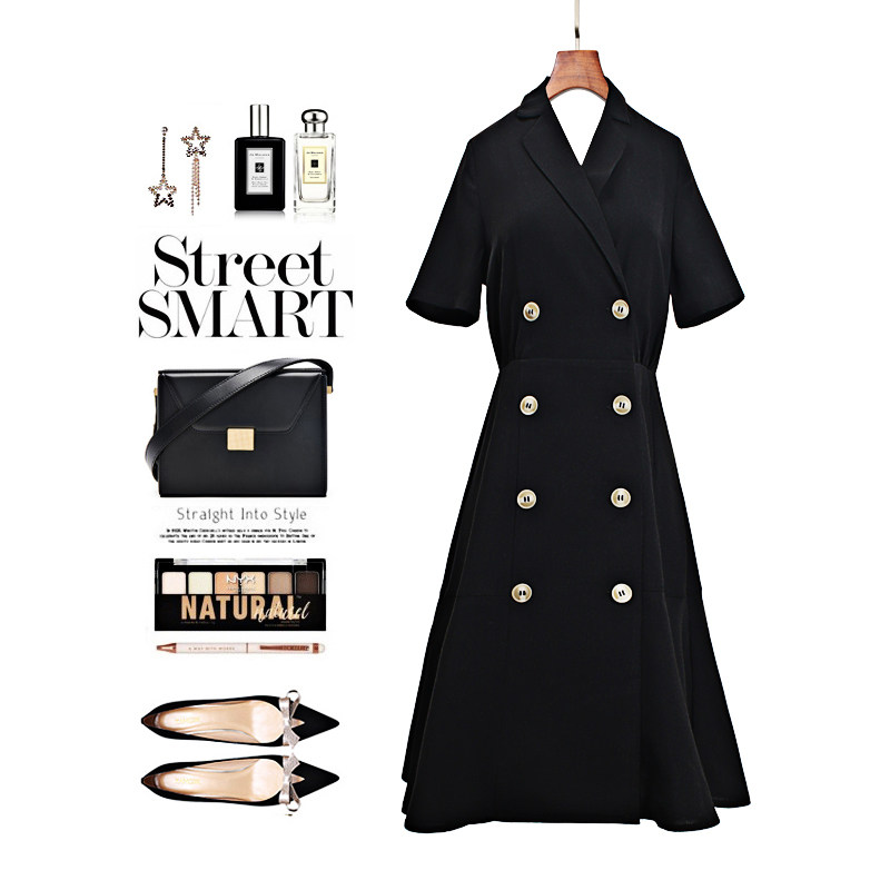 Suit dress women's summer French style retro Hepburn style professional small black dress retracted waist show thin temperament goddess fan dress
