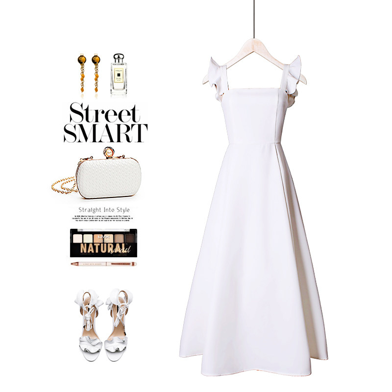 White one-piece dress lady Charfa style retro harness temperament slim long dress sensational high level sensational dress square collar superfairy