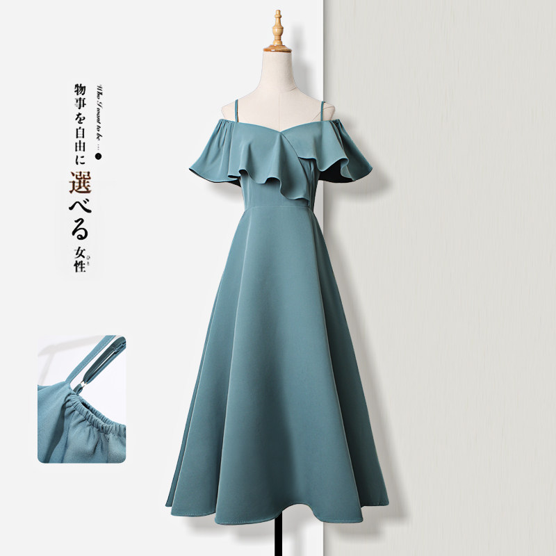Harness Ocean Dress Woman with Shoulder Truffle Shoulder style collection waist temperament Summer conspicued slim and long dress student sweet and little fresh