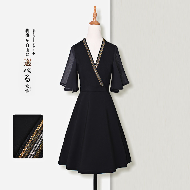 Herbenwind dress women's summer French style retro little sub high waist cover with slim black dress light cooked temperament V collar