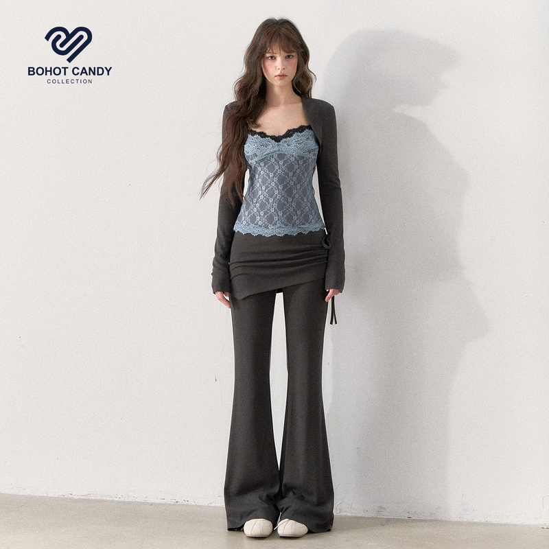 Mint-Colored Bohotcandy Lace-Trimmed Knit Top with a Slimming Effect and Flared Pants Set for Women