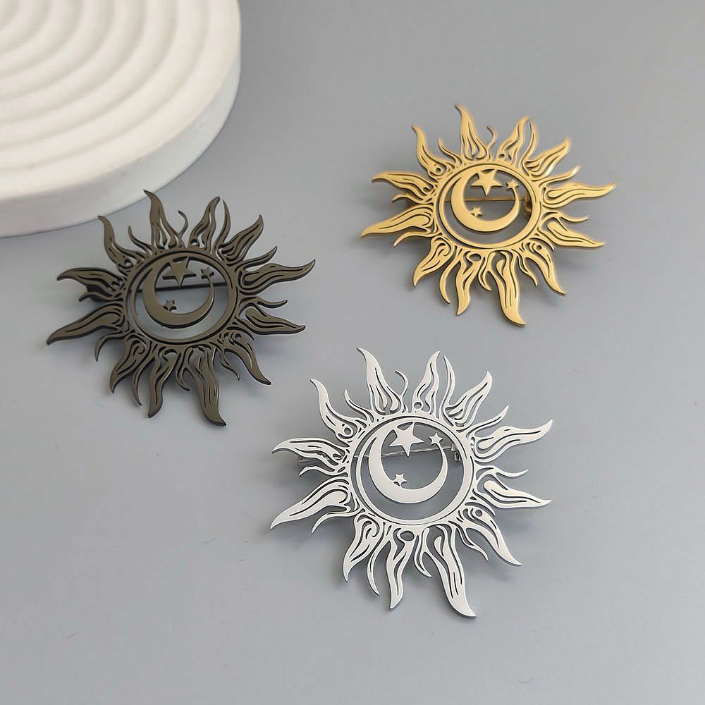 Sun Moon Brooch: A sophisticated and understated luxury brooch featuring the sun, moon, and stars, perfect for suit accessories.