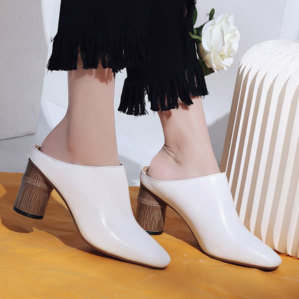 方头拖鞋女粗跟白色穆勒鞋高跟时尚外穿真皮包
