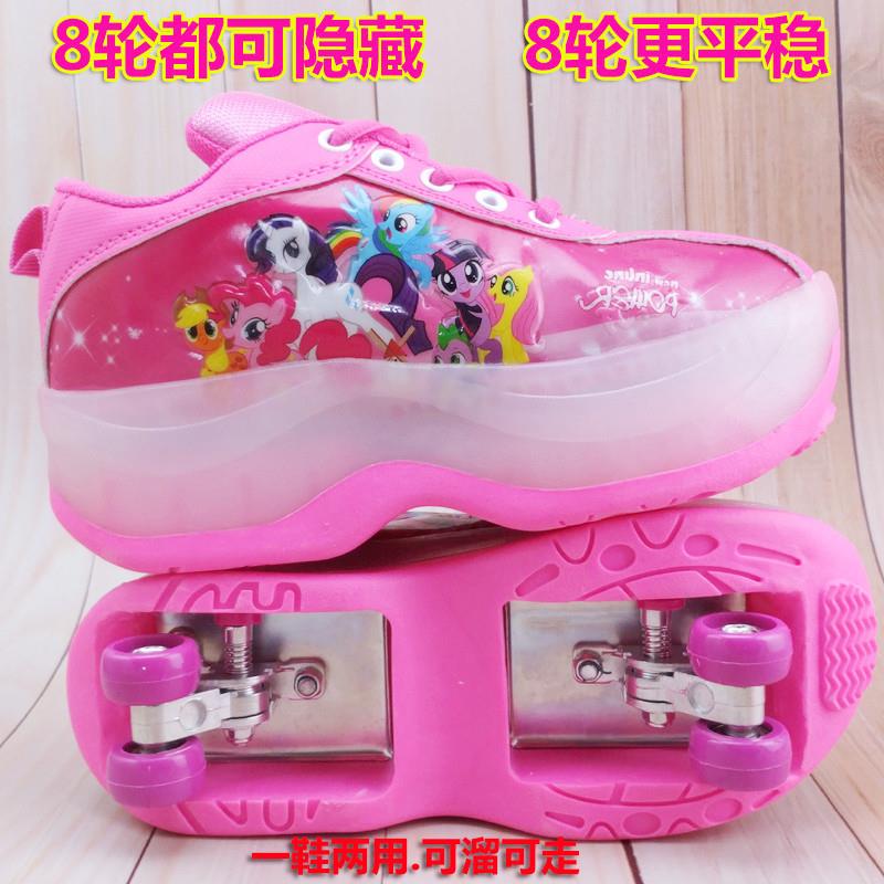 Children's four-wheeled cartoon Cartoon Walking Shoes men and women flying shoes Double-row pulley shoe Deformation Shoes Invisible 4 Wheel Retractable