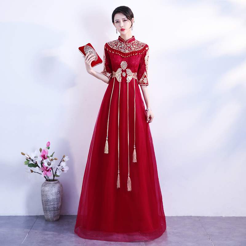 Bride to toast 2022 new high-end wedding wine red engagement back door banquet Chinese evening gown skirt dresses