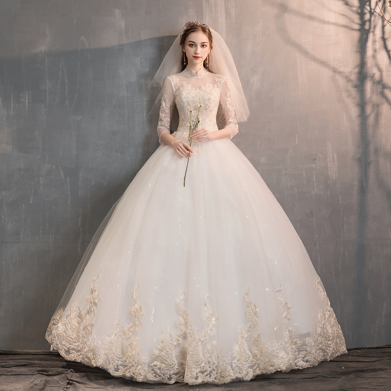 The main wedding dress 2021 new long-sleeved bridal temperament simple high-collar Qi Qi super fairy dream tail forest department out of the yarn