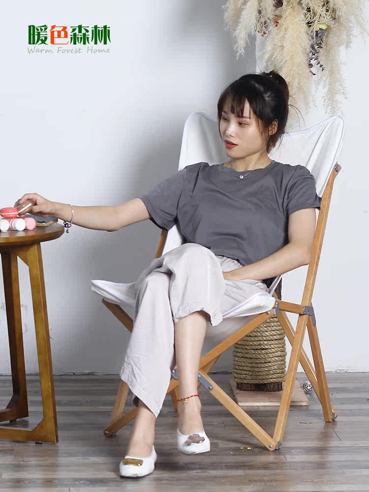 Solid wood outdoor folding chair Canvas portable fishing leisure camping recliner Lunch break single beach butterfly chair