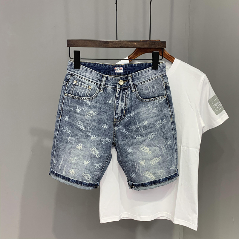Denim Shorts Men's Summer New Personality Print Scraped 100 Hitchhiking Tide Cards Korean Version Tide 50% Pants