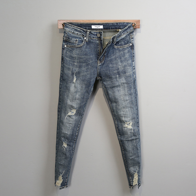 Jeans Men's Tide Cards Autumn Winter New Broken Hole Cloth Stickup Body 100 Hitch Foot Korean Version Trendy High-end 90% Pants