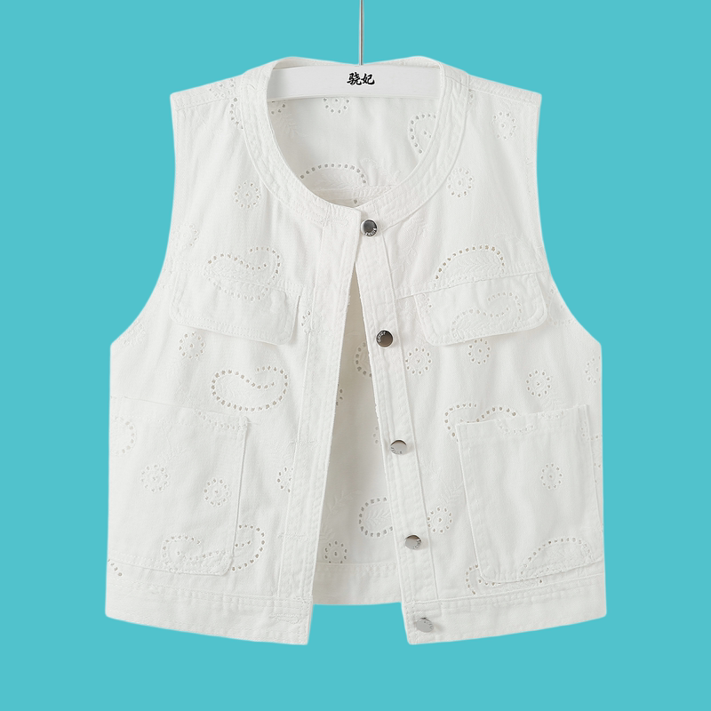 Jacquard Hollow Embroidery Denim Vest for Women, Spring/Summer 2026, Thin Sleeveless Versatile Outerwear, Slimming Jacquard Hollow Embroidery Denim Vest for Women, Spring/Summer 2026, Thin Sleeveless Versatile Outerwear, Slimming