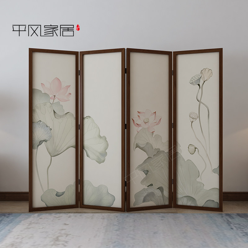 Screen Partition Living Room Tea Room Office Hotel New Chinese Folding Mobile Solid Wood Custom Folding Screen Lotus Flower Lotus