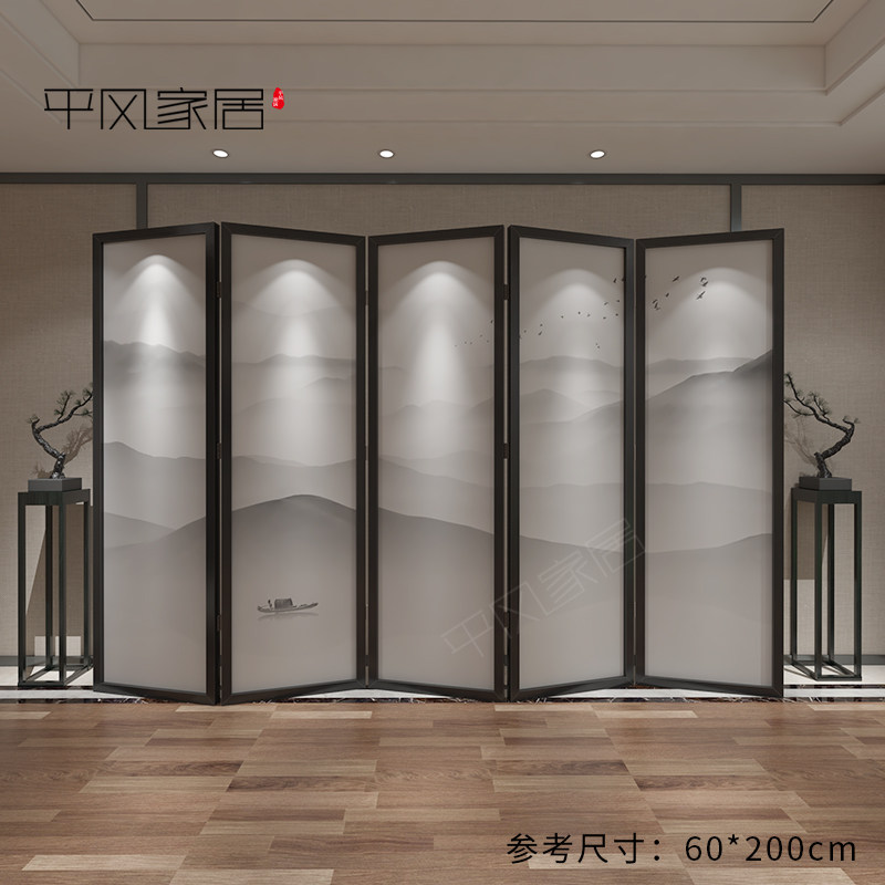 screen partition living room modern simple office tea house hotel solid wood folding mobile folding screen landscape painting 