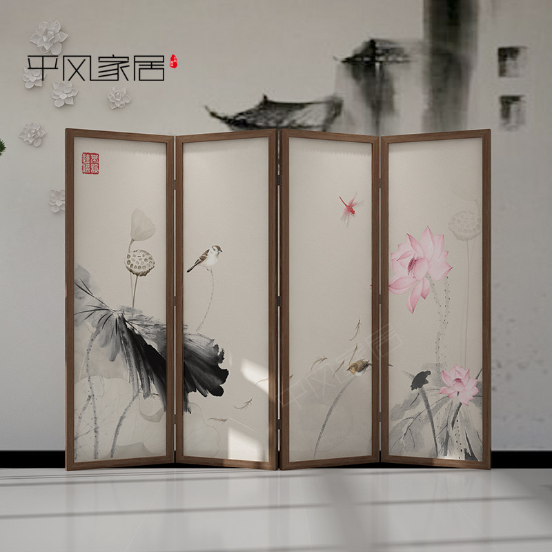 Chinese screen partition decoration of the Season Living Room Office Bedroom folded mobile lotus custom folding screen
