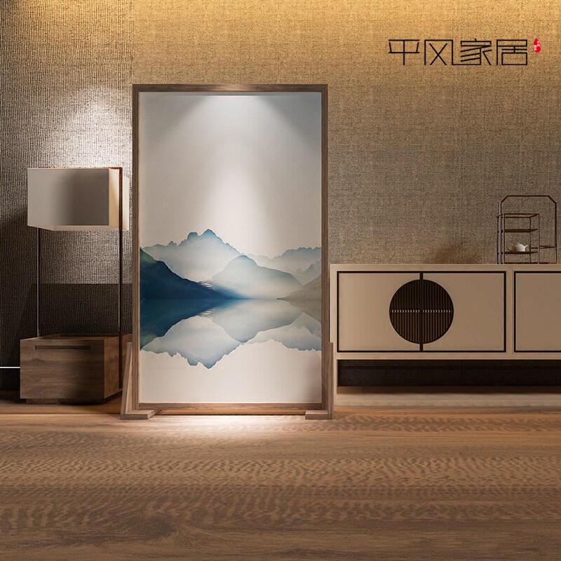 New Chinese style simple screen partition Living room fashion office bedroom Solid wood seat screen movable freehand landscape fabric