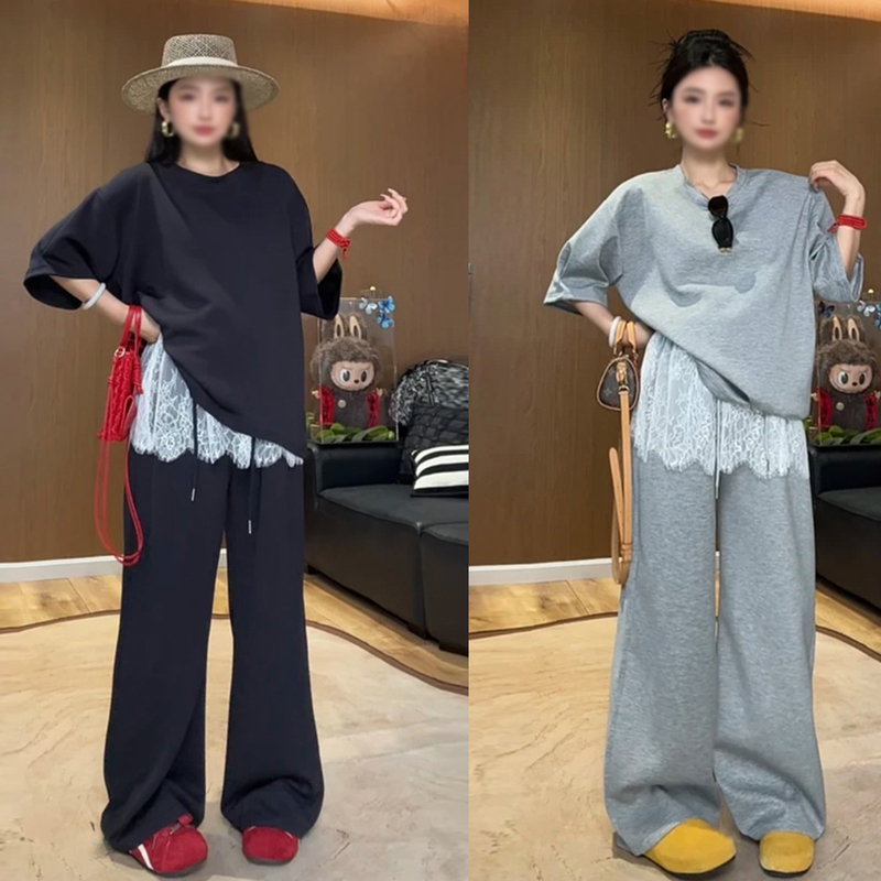 Fashionable Maternity Spring/Summer New Loose Short-Sleeve T-Shirt Top + Stylish Lace Trim Wide-Leg Pants Two-Piece Set