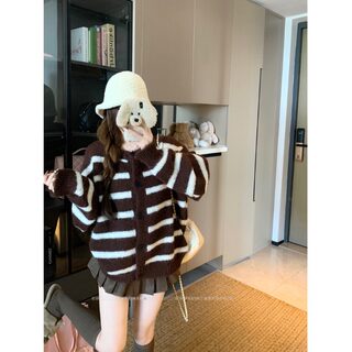 宽松慵懒风蓝色条纹毛衣外套女秋冬季温柔韩系休闲针织开衫上衣