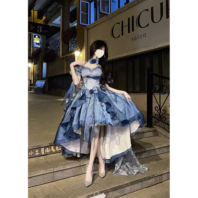 Christmas and New Year Outfit, Blue Floral Wedding Dress, Lolita Dress, Heavy-Duty Trailing Gown, Puffy Princess Dress
