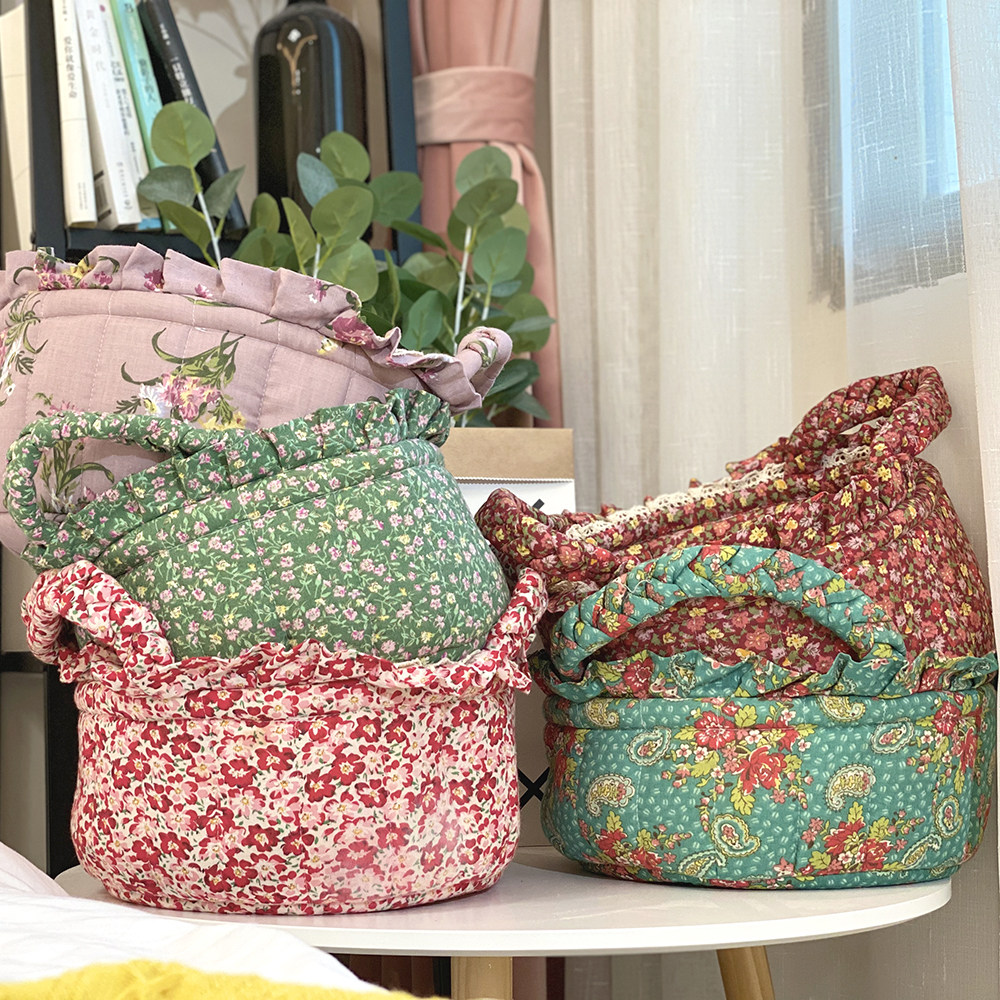 Korea single foreign trade home fabric storage basket quilted cotton finishing basket machine washable flower basket