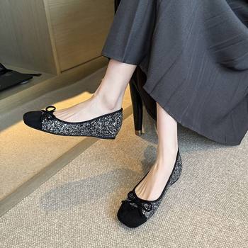 Women's raised square toe sequined shoes with bow rhinestones