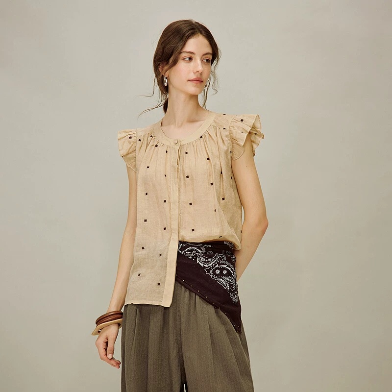 Clearance 100% Ramie French-Style Flutter Sleeve Polka Dot Shirt for Women, New Sweet Short-Sleeve Blouse for Summer 2026 Clearance 100% Ramie French-Style Flutter Sleeve Polka Dot Shirt for Women, New Sweet Short-Sleeve Blouse for Summer 2026