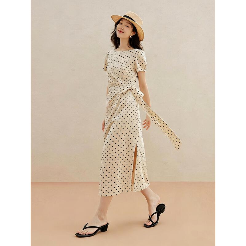 2026 Summer New French Romantic Style Waist-Cinching Black and White Polka Dot A-Line Long Dress with Short Sleeves and Slit for Women