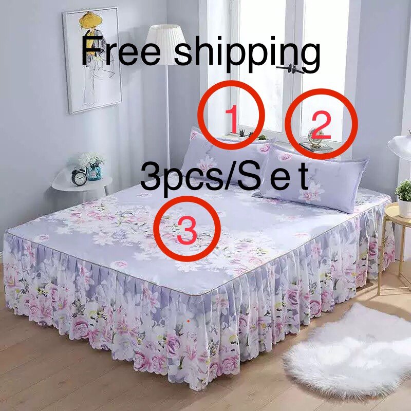 3 pieces of sheet bedding skirt set spread pillow 3pcs