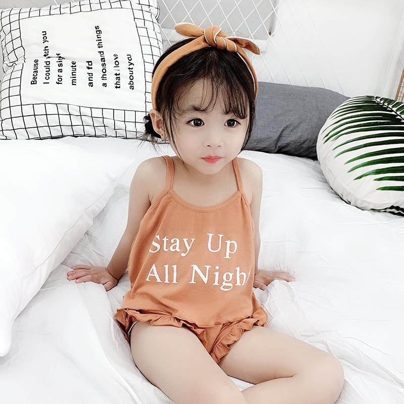 Female baby Summer cotton home clothing small child set sling two-piece Net Red Girl fashionable shorts set