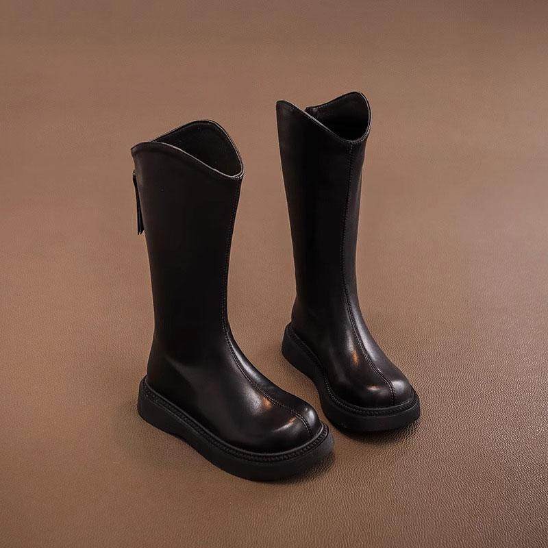 Children's Long Boots, Girls' Martin Boots, Fleece-Lined High-Top Leather Boots, Fashionable Autumn and Winter New Popular Style, Double Cotton Chimney Boots