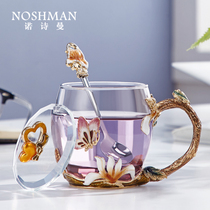 Northman enamel color water cup Female high-value flower tea glass cup with lid Teacup Office drinking blister teacup