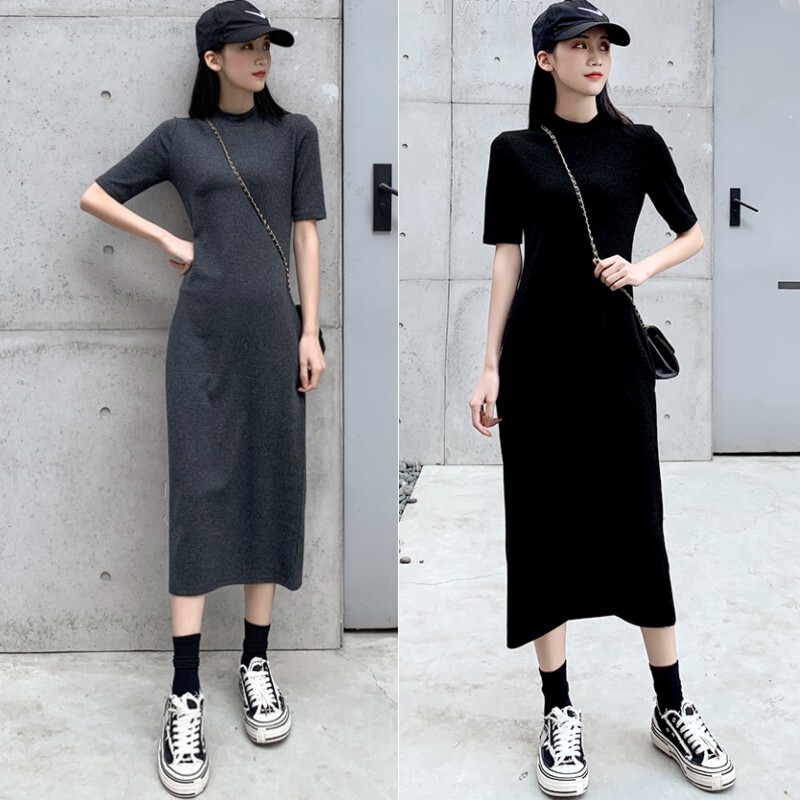 Black Knitted Dress for Women, Mid-Sleeve, Straight, Slim-Fit T-Shirt Dress, Summer Inner Wear, Over-The-Knee, Figure-Flattering Base Dress