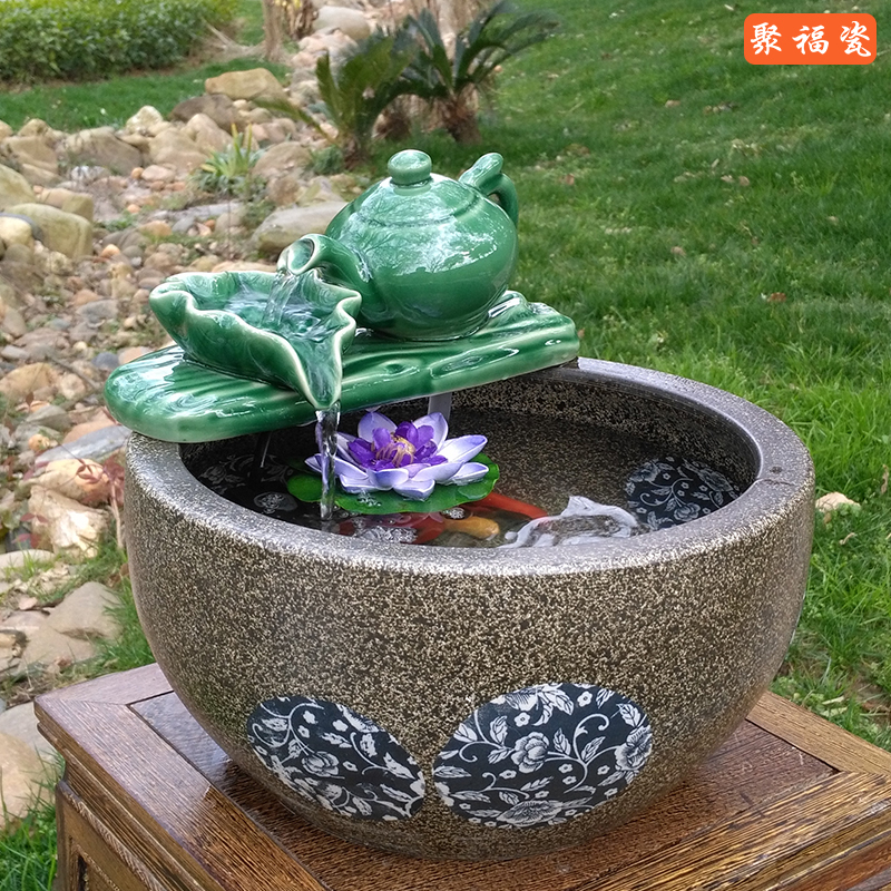 Jingdezhen Ceramic Fish Tank Desktop Fountain Flowing Water Ornament Cylinder Decoration Fish Pot Oxygen Pump Creative Feng Shui Lucky