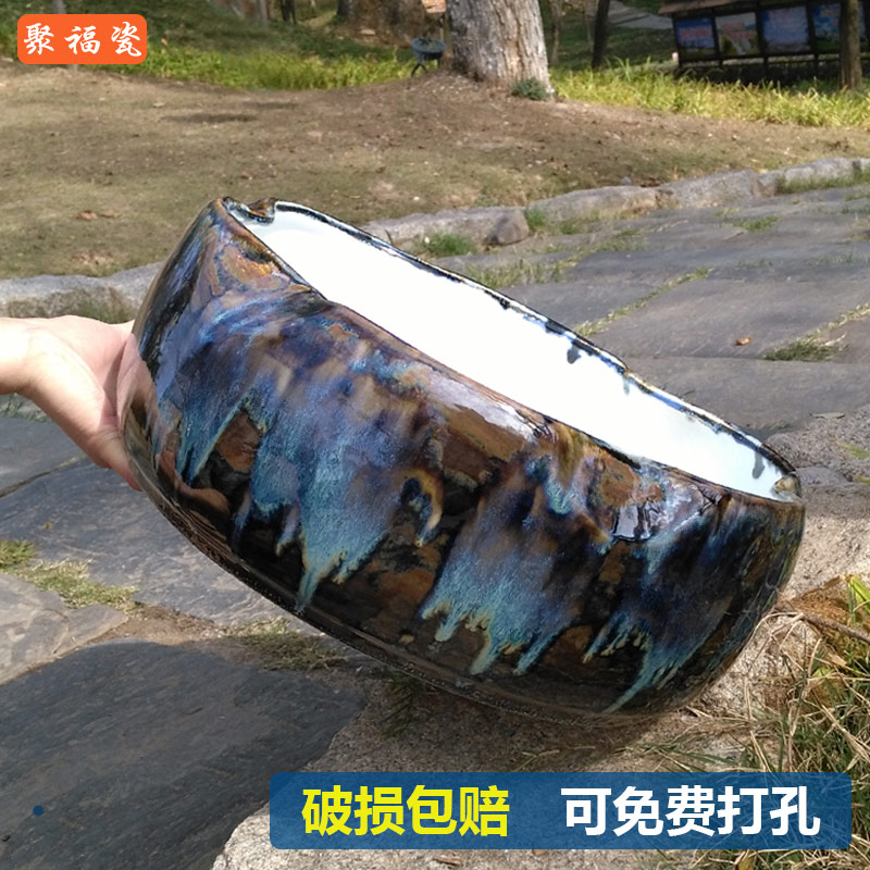 Ceramic flower pot hydroponic creative flower pot balcony potted water lily bowl lotus tank goldfish tank turtle tank can punch old pile pot