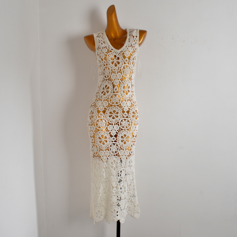 Foreign Trade Single-Hook Floral Hollow Lace Sleeveless Vest Dress for Women, Summer Elegant Socialite Slim-Fit Bodycon Long Dress