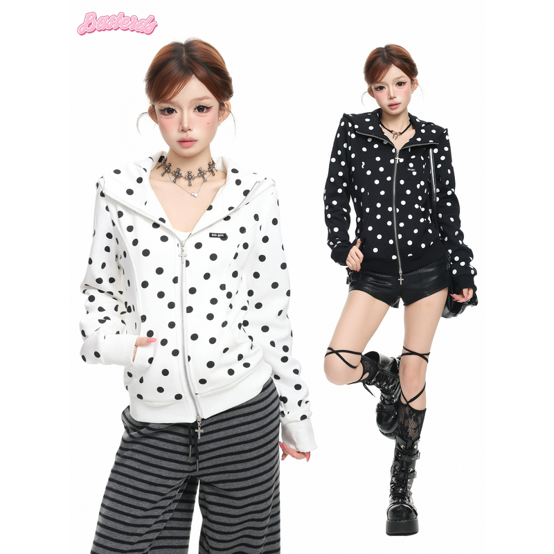 Basterds Sweet Style Polka Dot Printed Rabbit Ear Hooded Sweatshirt for Women in Autum, Loose and Slimming Look, Versatile Cardigan Jacket