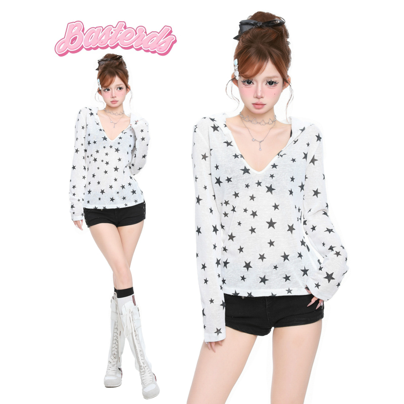 Basterds Star-Printed Hooded V-Neck Long-Sleeved T-Shirt for Women in Spring, Loose and Slimming, Slightly See-Through Inner Top