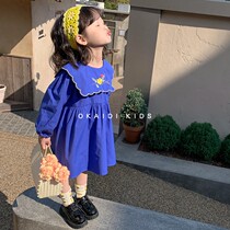 OKAIDI French womens treasure 2022 new spring clothing dress girls spring and autumn Korean version pure color princess dress