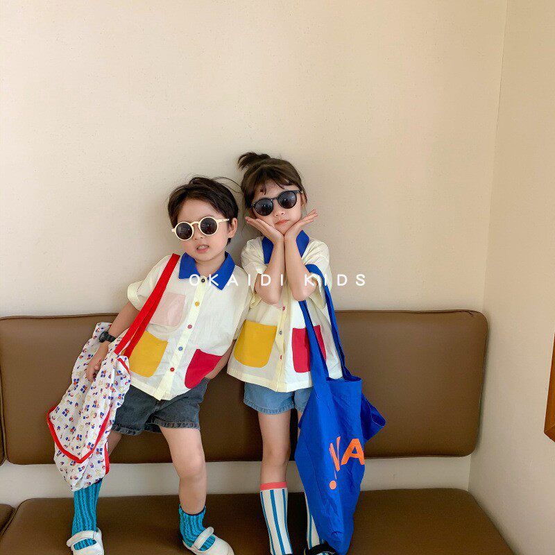 OKAIDI French boys and girls shirts short-sleeved children's summer lapel color-blocking shirt baby Korean casual top
